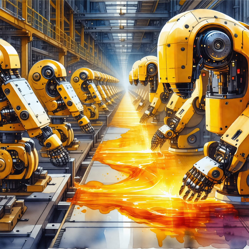 Factory scene with a large number of yellow robots lined ...