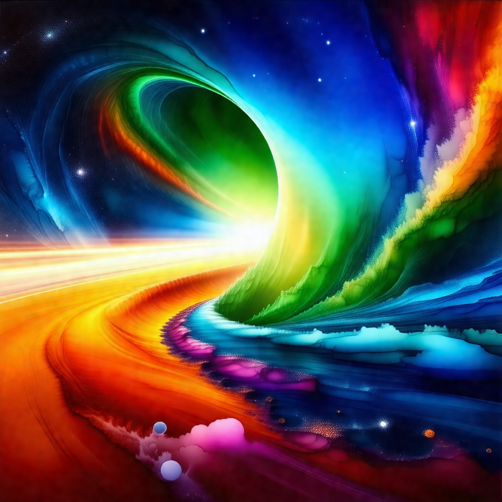 Colorful painting of a spiral tunnel, with a rainbow of c...