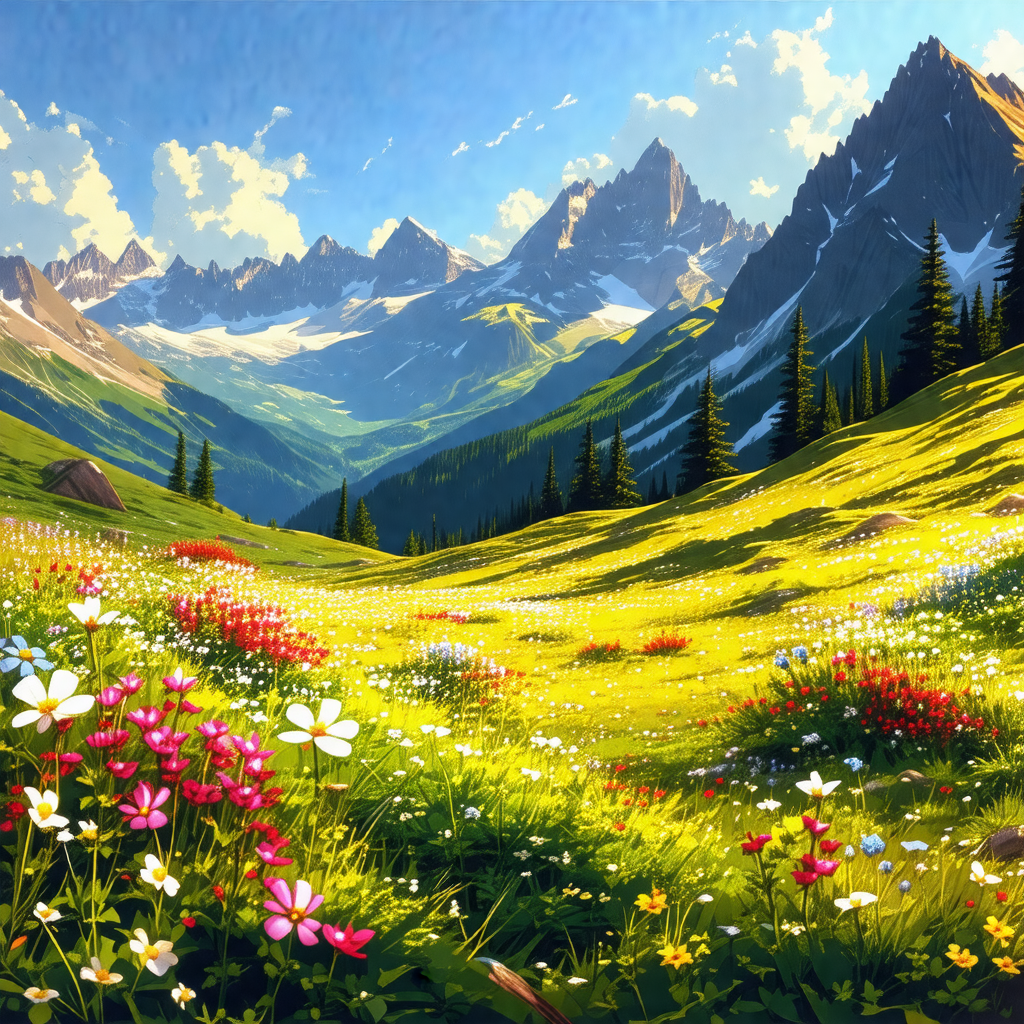 Painting of a beautiful mountain landscape with a lush gr...