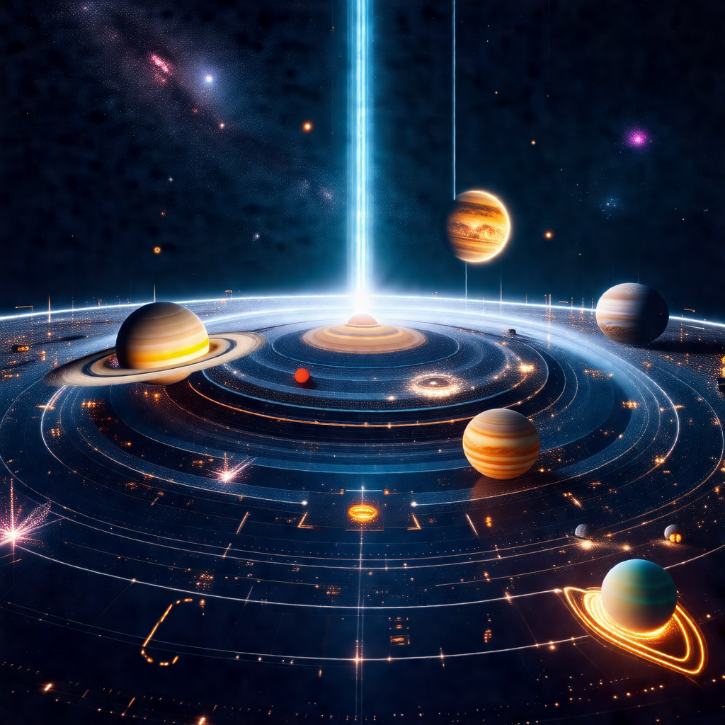 Black and white illustration of a solar system, featuring...