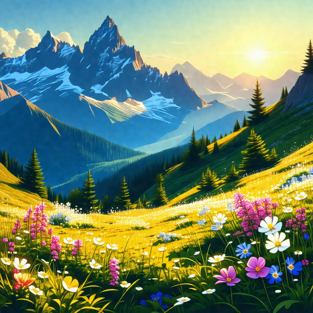 Beautiful mountain landscape with a lush green field and ...