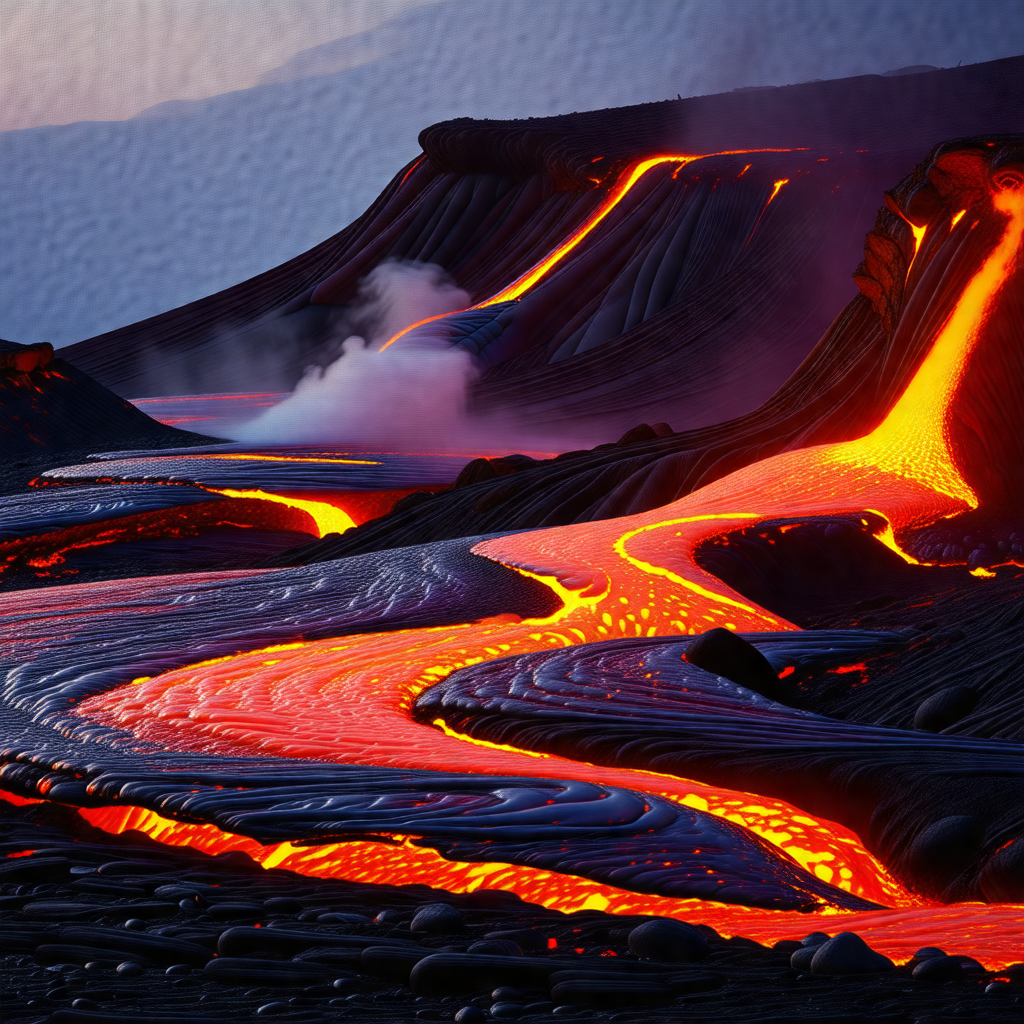 Large, red, and orange lava flow, with a few small lava p...