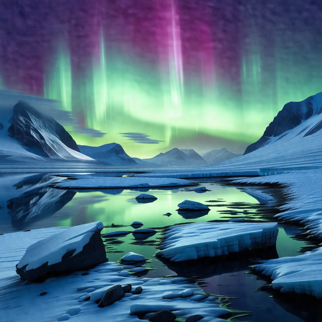 Captures a beautiful night scene with a frozen lake surro...