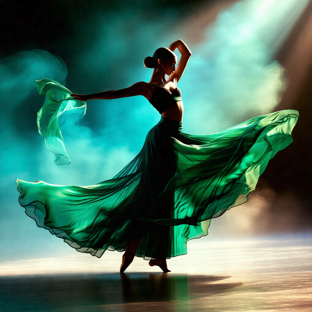 Woman in a green dress, dancing on a stage