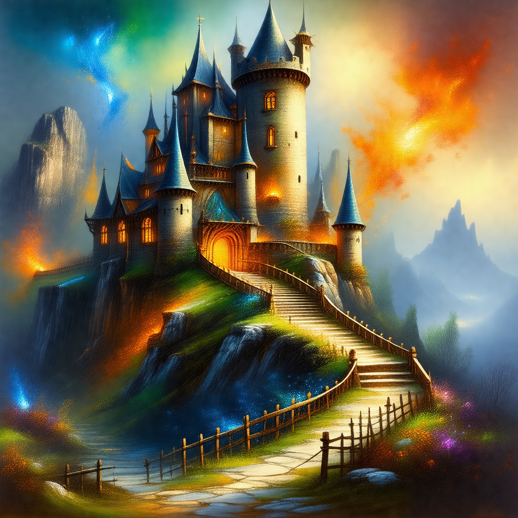 Large, colorful castle with a staircase leading up to its...