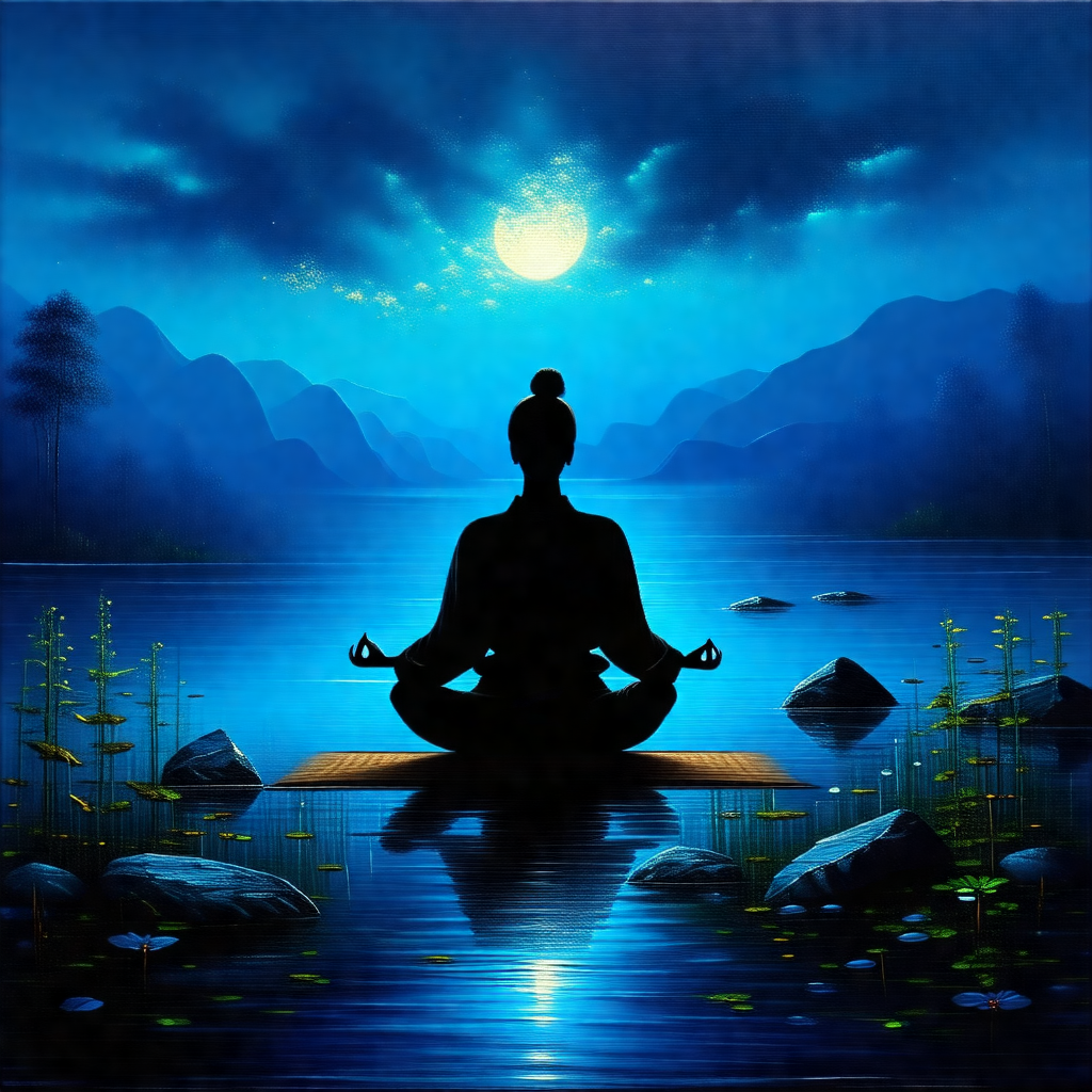 Woman sitting in a lotus position on a wooden platform in...