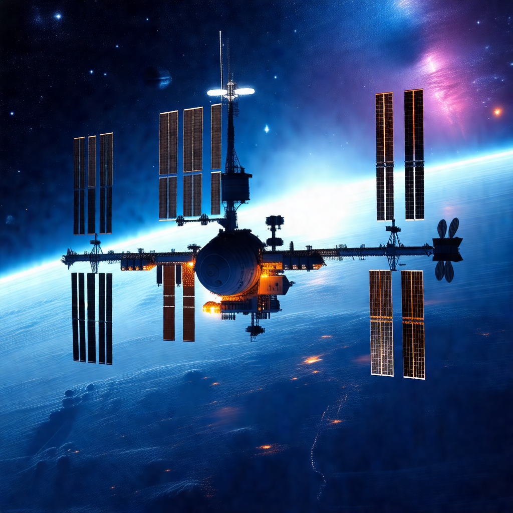 Space shuttle with a large satellite on top of it, floati...