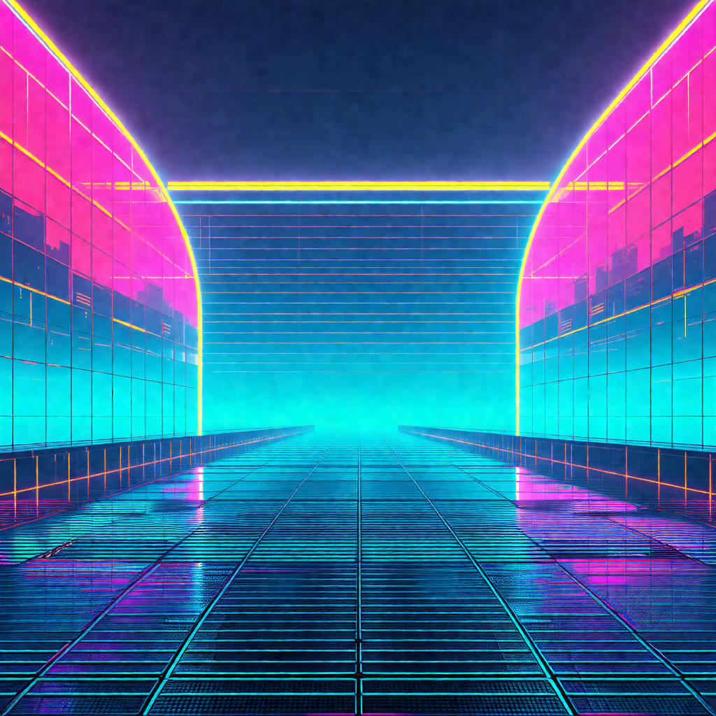 Futuristic, neon-colored scene featuring a long, narrow h...