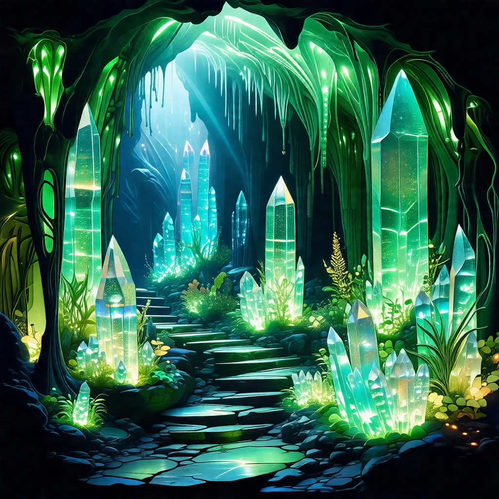 Lush, green cave filled with various crystals and plants
