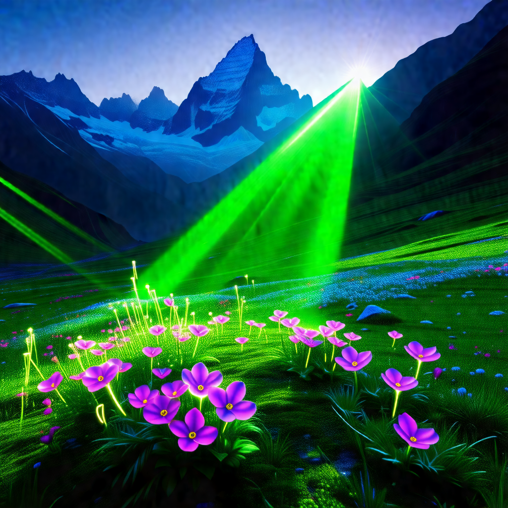 Beautiful mountain landscape with a green glow emanating ...