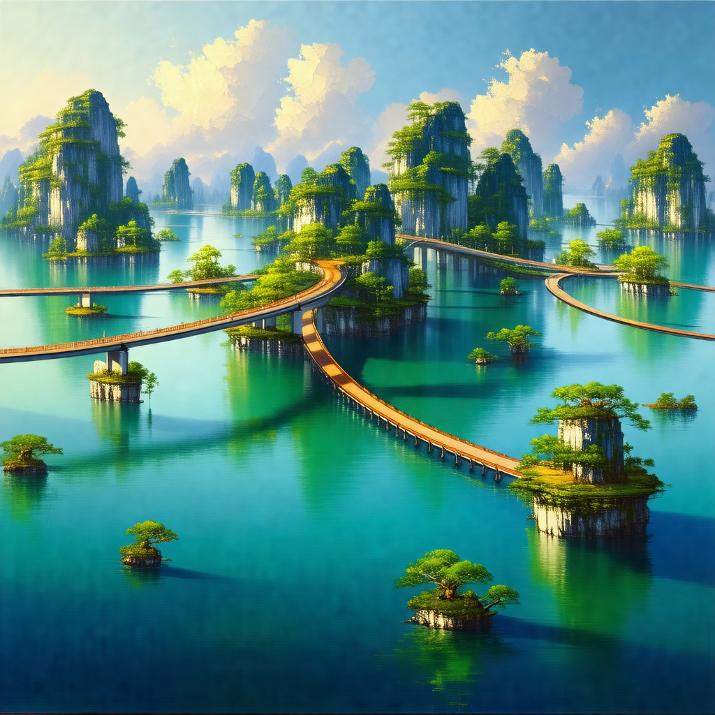 Painting of a beautiful island with a bridge connecting i...