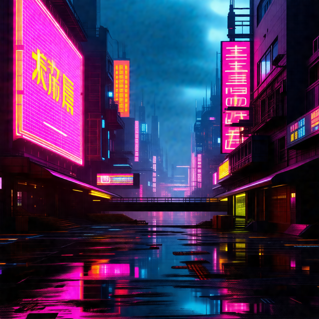 City street at night, with a bridge crossing over a river