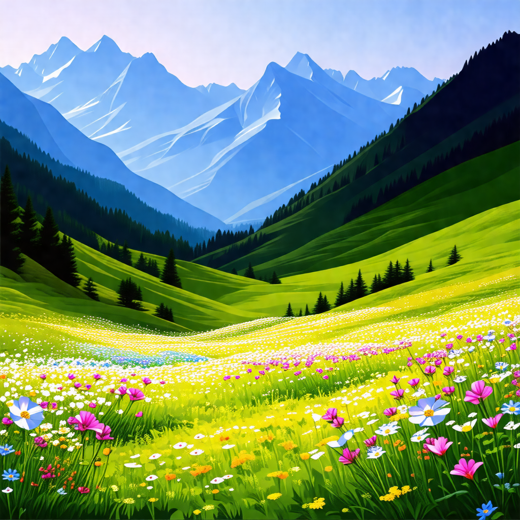 Beautiful, lush green field with a mountain range in the ...