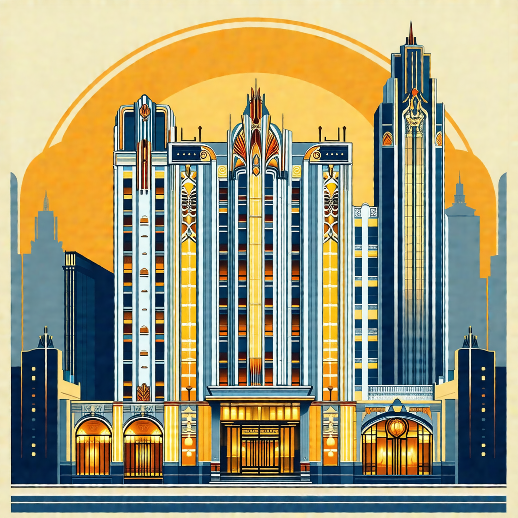 Colorful illustration of a large building, possibly a hot...