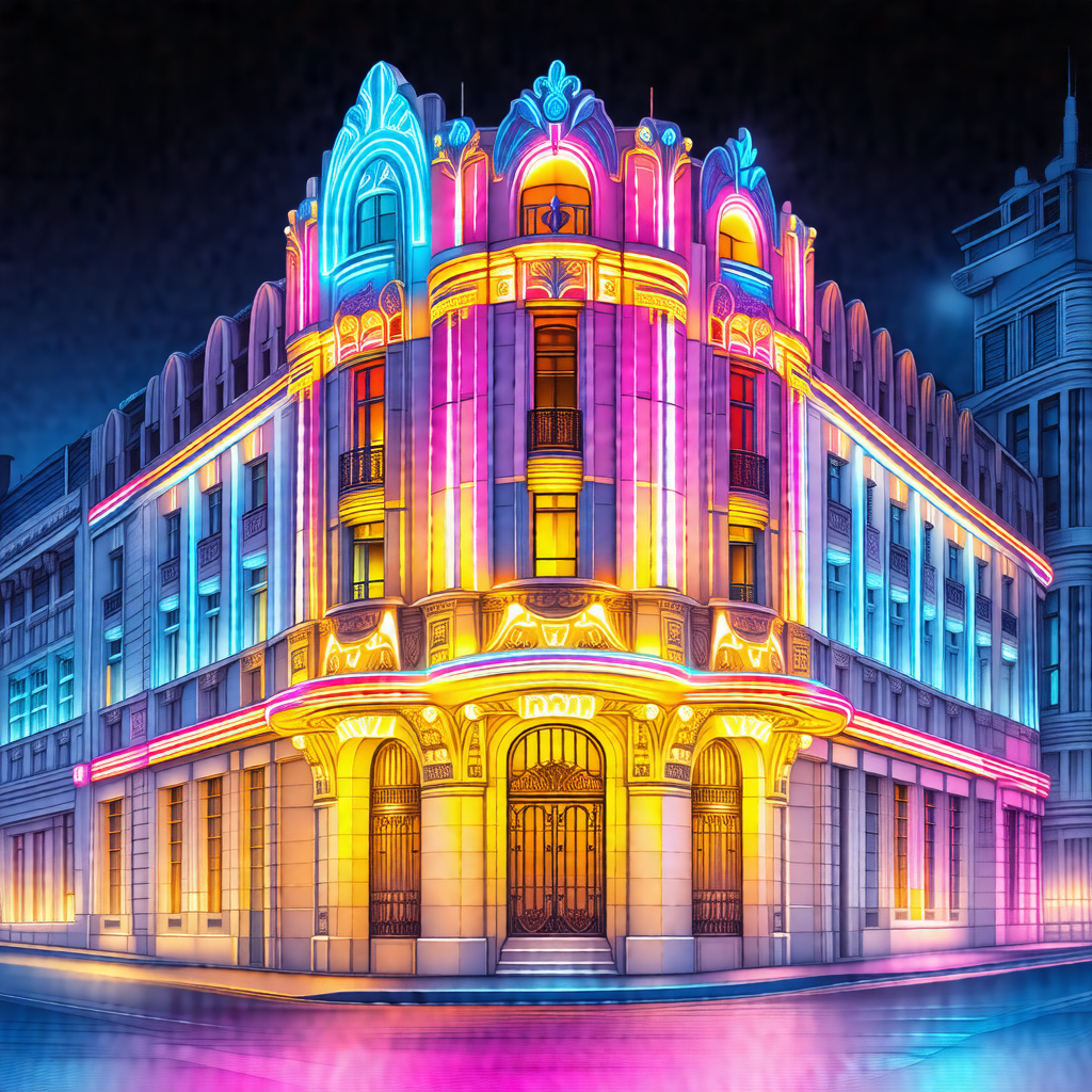 Colorful drawing of a large building with a pink and yell...