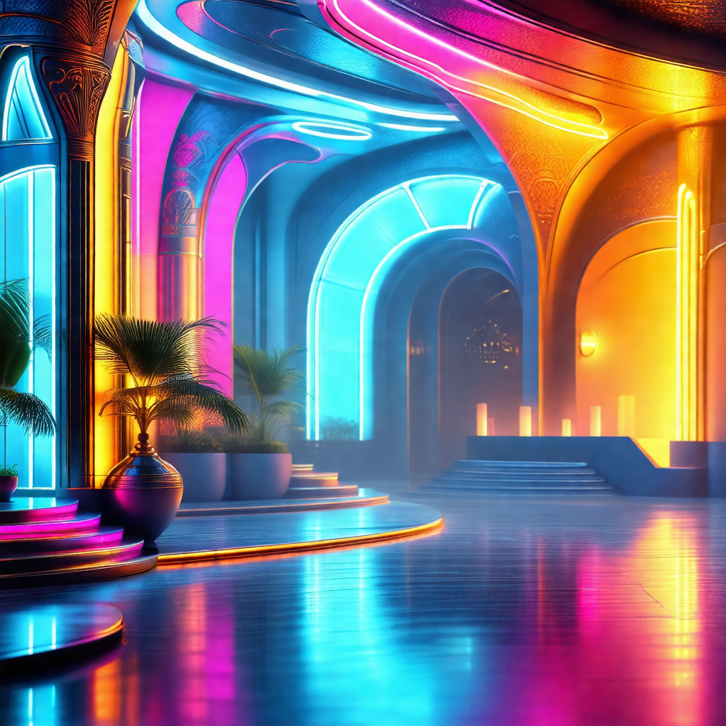 Colorful, futuristic scene of a large, open building with...