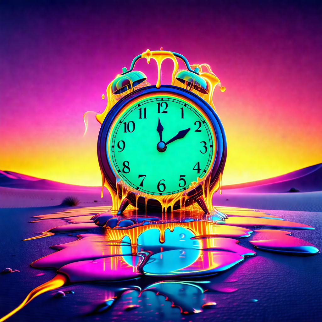 Large, colorful clock with a green face, sitting in a poo...