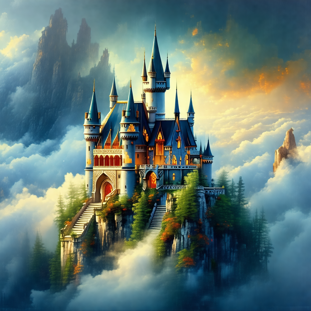 Majestic castle with a tall tower, situated on top of a m...