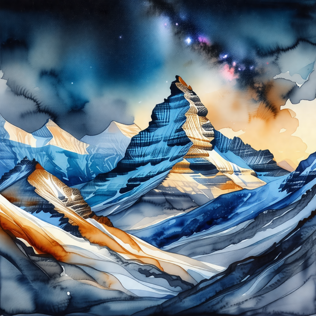 Painting of a mountain range with a blue sky above
