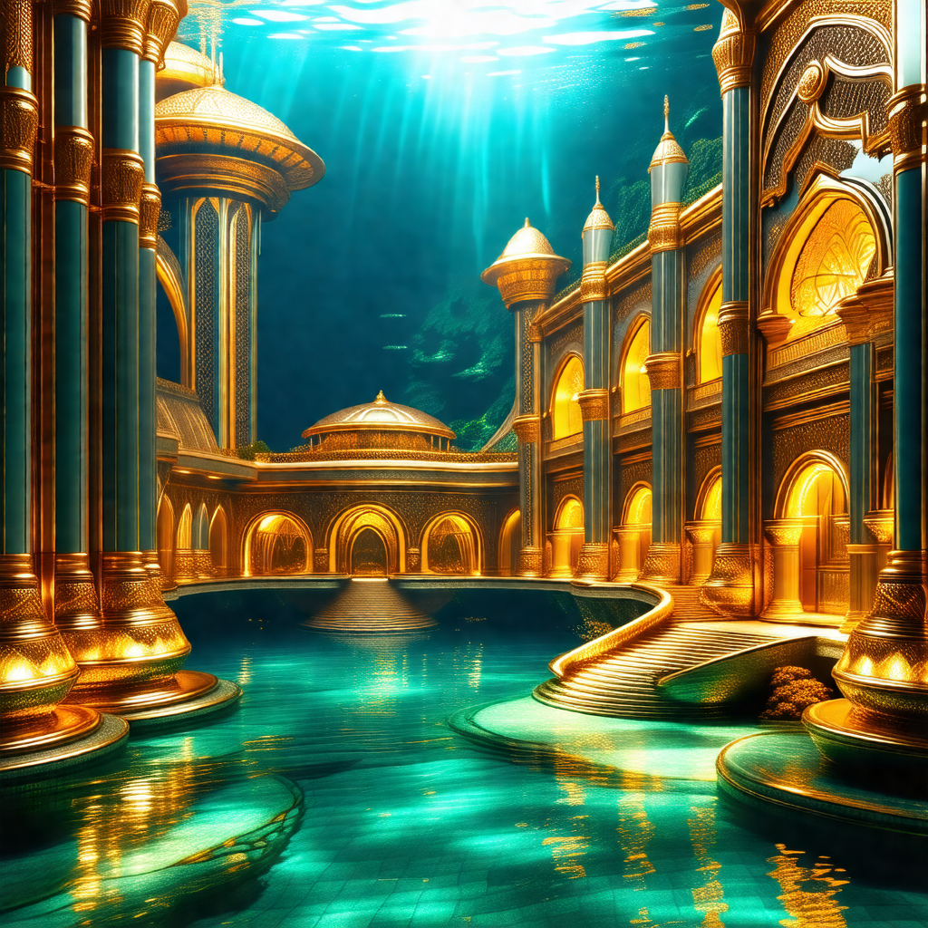 Digital painting of a palace with a large pool in the center
