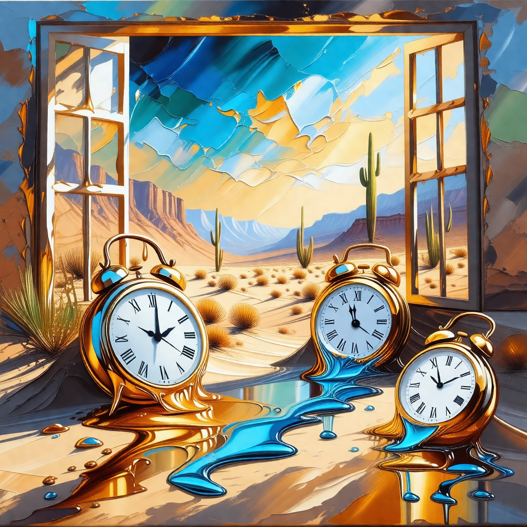 Painting of a clock with a desert scene in the background
