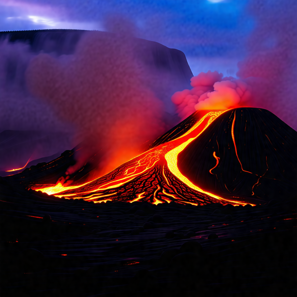 Large, red, and black volcano with a flowing lava stream