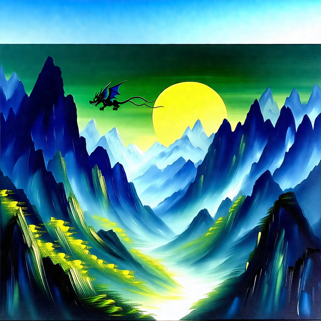Dragon flying through the sky, with a mountain range in t...