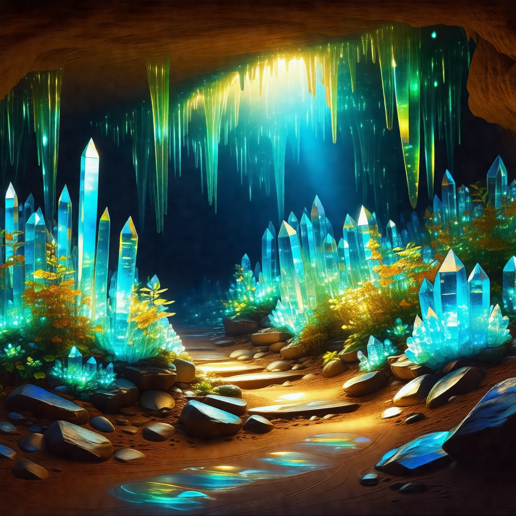 Colorful, computer-generated scene featuring a cave with ...