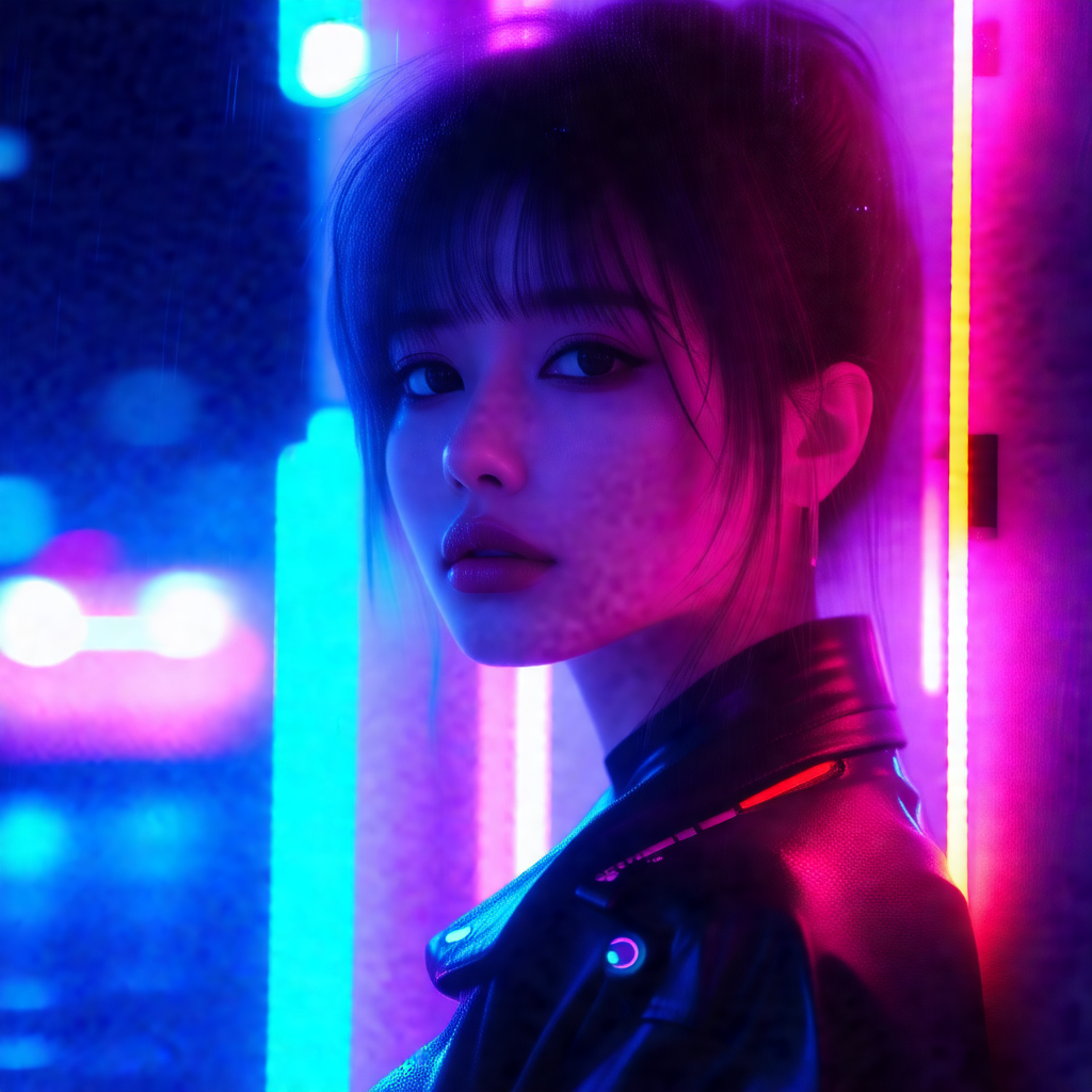 Woman wearing a black leather jacket, standing in front o...