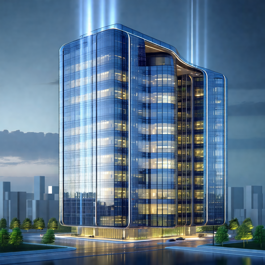 Large, modern building with a blue and white facade