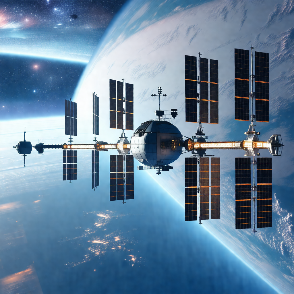 Large space station with a dome-shaped structure, surroun...