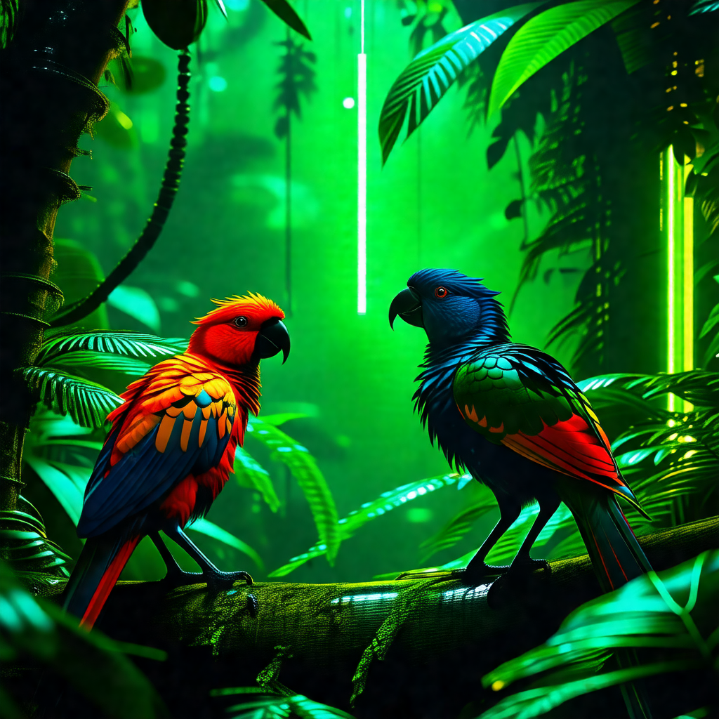 Two colorful birds perched on a tree branch in a lush gre...