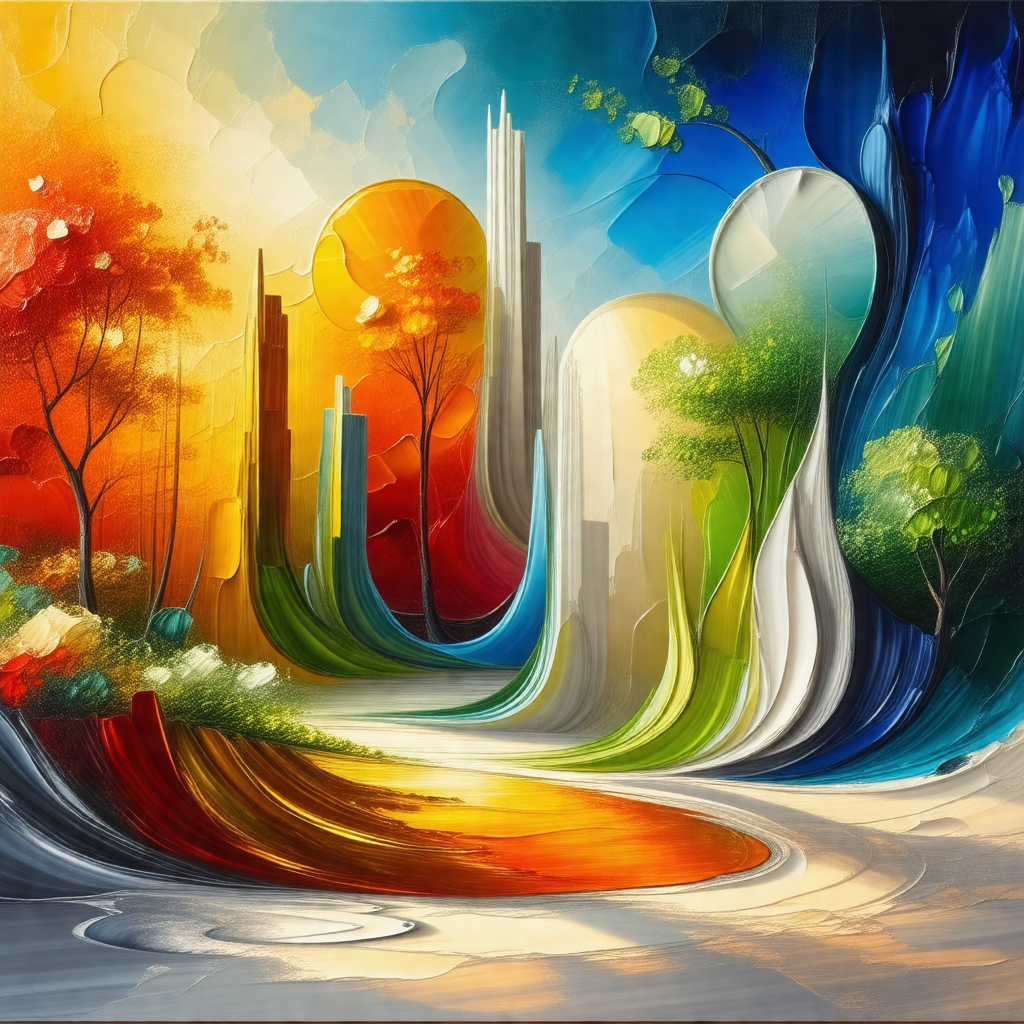 Painting of a cityscape with a river flowing through it