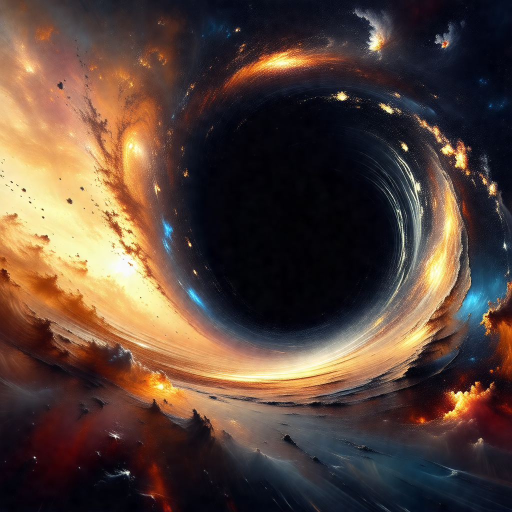 Painting of a black hole, with a brightly lit center