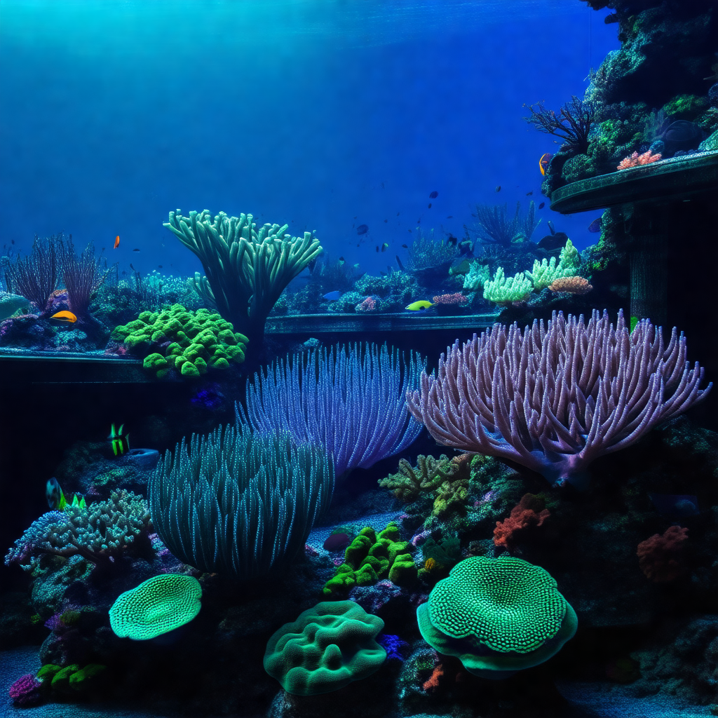 Large aquarium filled with a variety of colorful coral an...