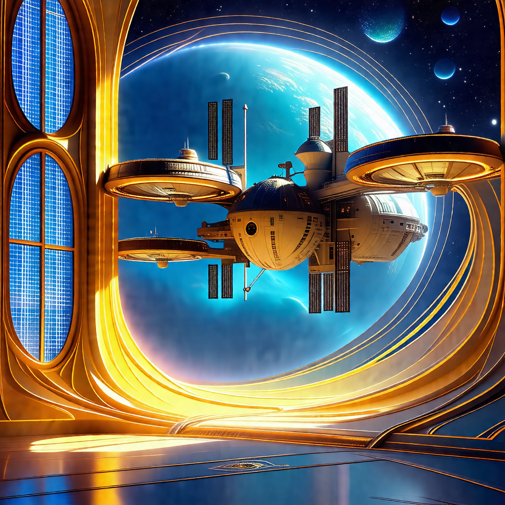 Futuristic spacecraft with a large dome on top, floating ...