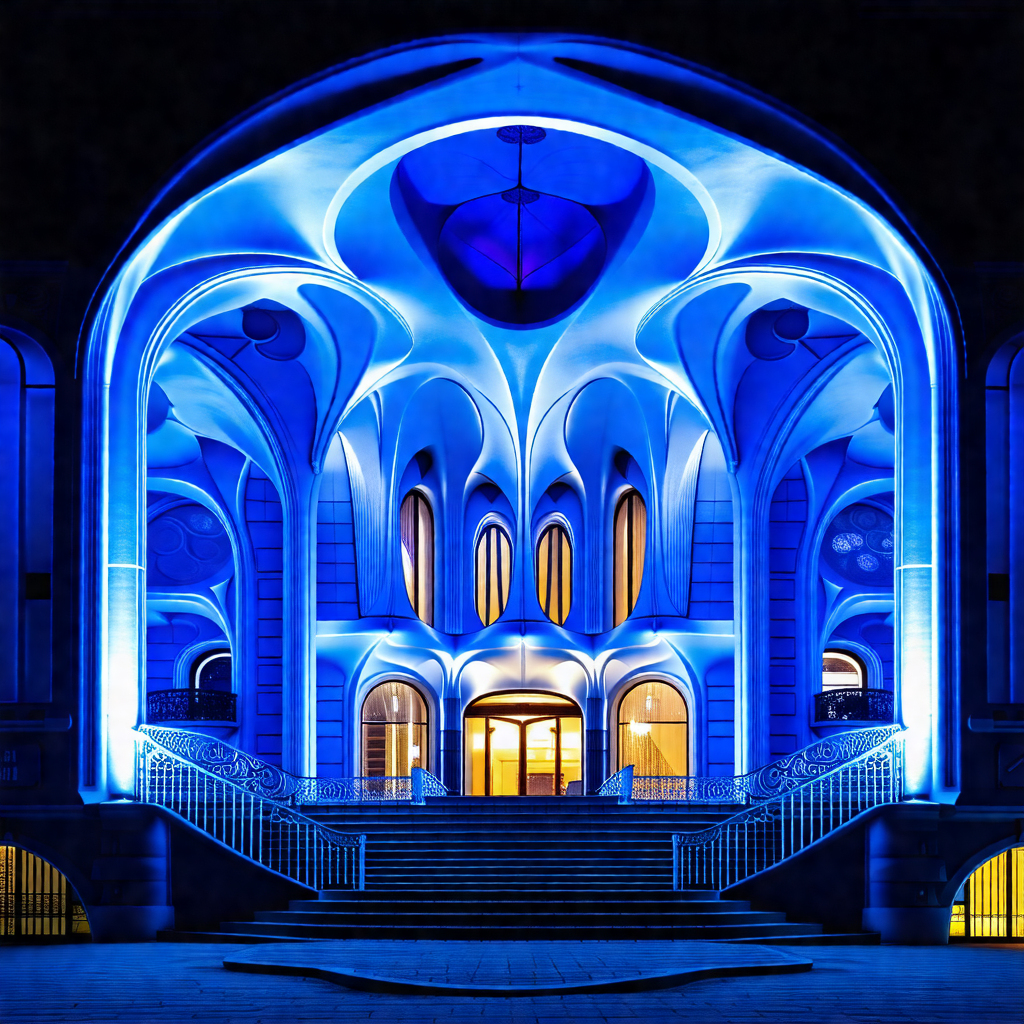 Large, blue building with a staircase leading up to its e...