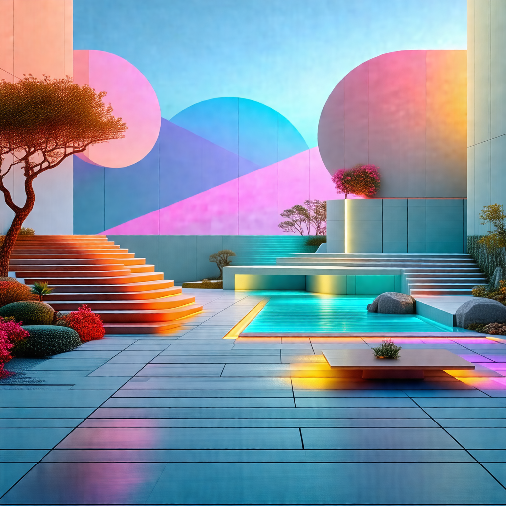 Large, modern building with a large pool in the middle of...