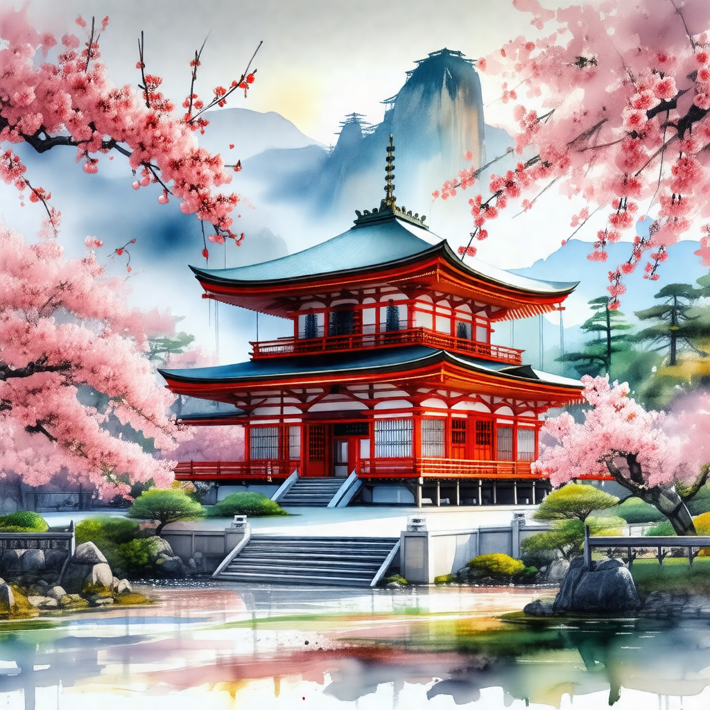 Beautiful red and white building with a pagoda roof, situ...