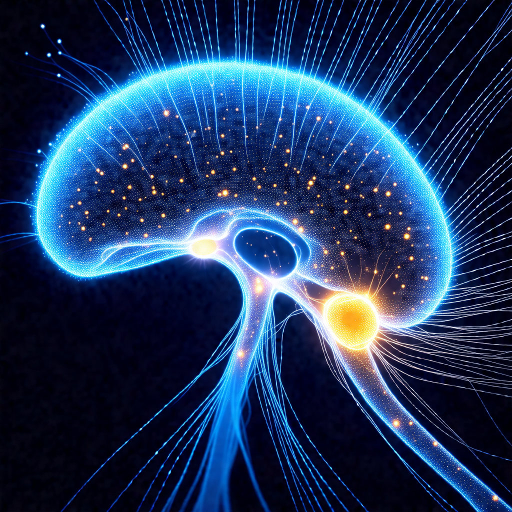 Close-up of a brain, with a bright blue light illuminatin...