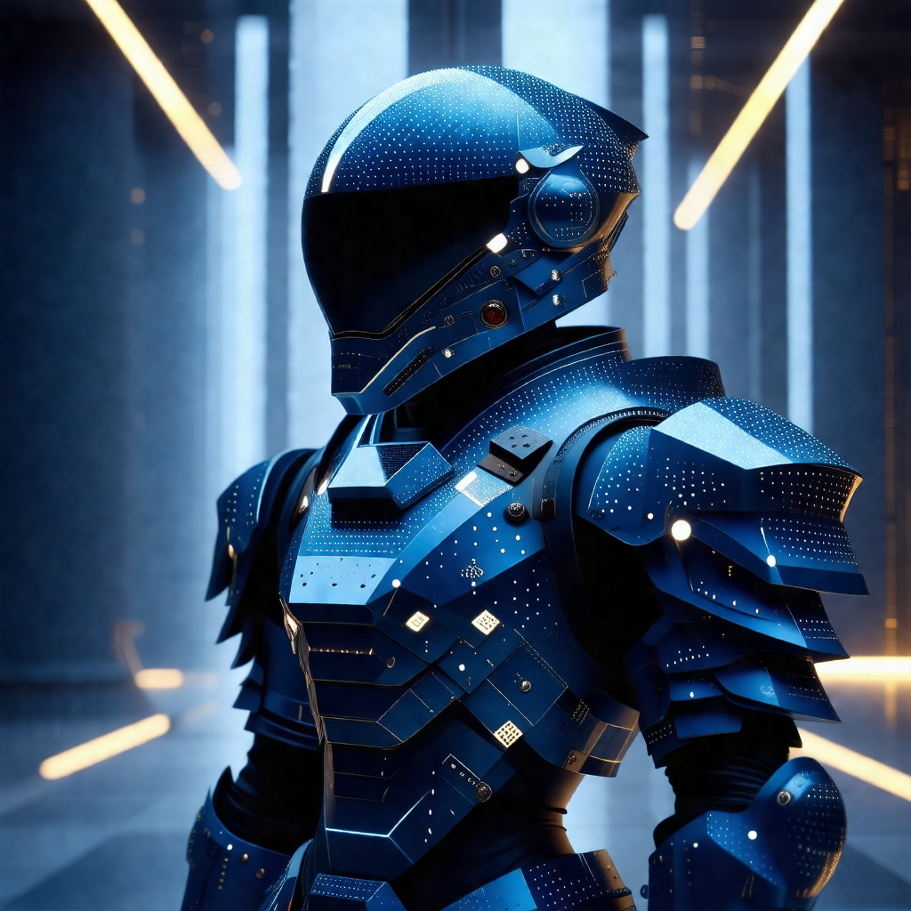 Futuristic robotic suit, likely a space suit, with a blue...