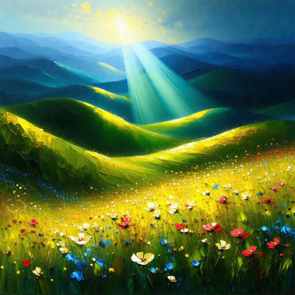 Beautiful, lush green field with a sun shining brightly i...