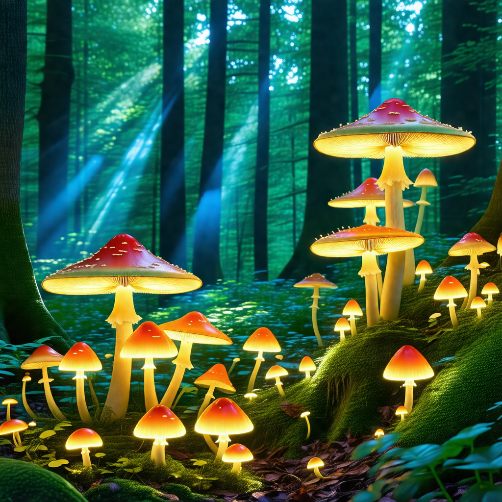 Lush green forest filled with a variety of mushrooms
