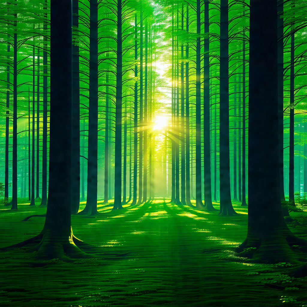 Painting of a forest with a bright sun shining through th...