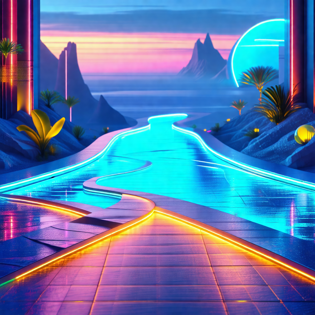Futuristic, colorful, and surreal scene featuring a long,...