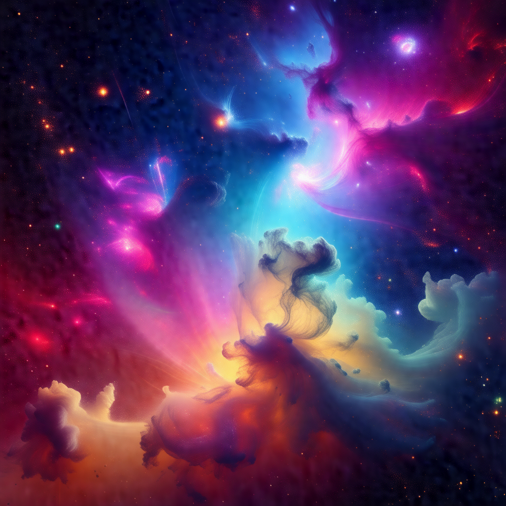 Vibrant and colorful space scene, featuring a cloud of sw...