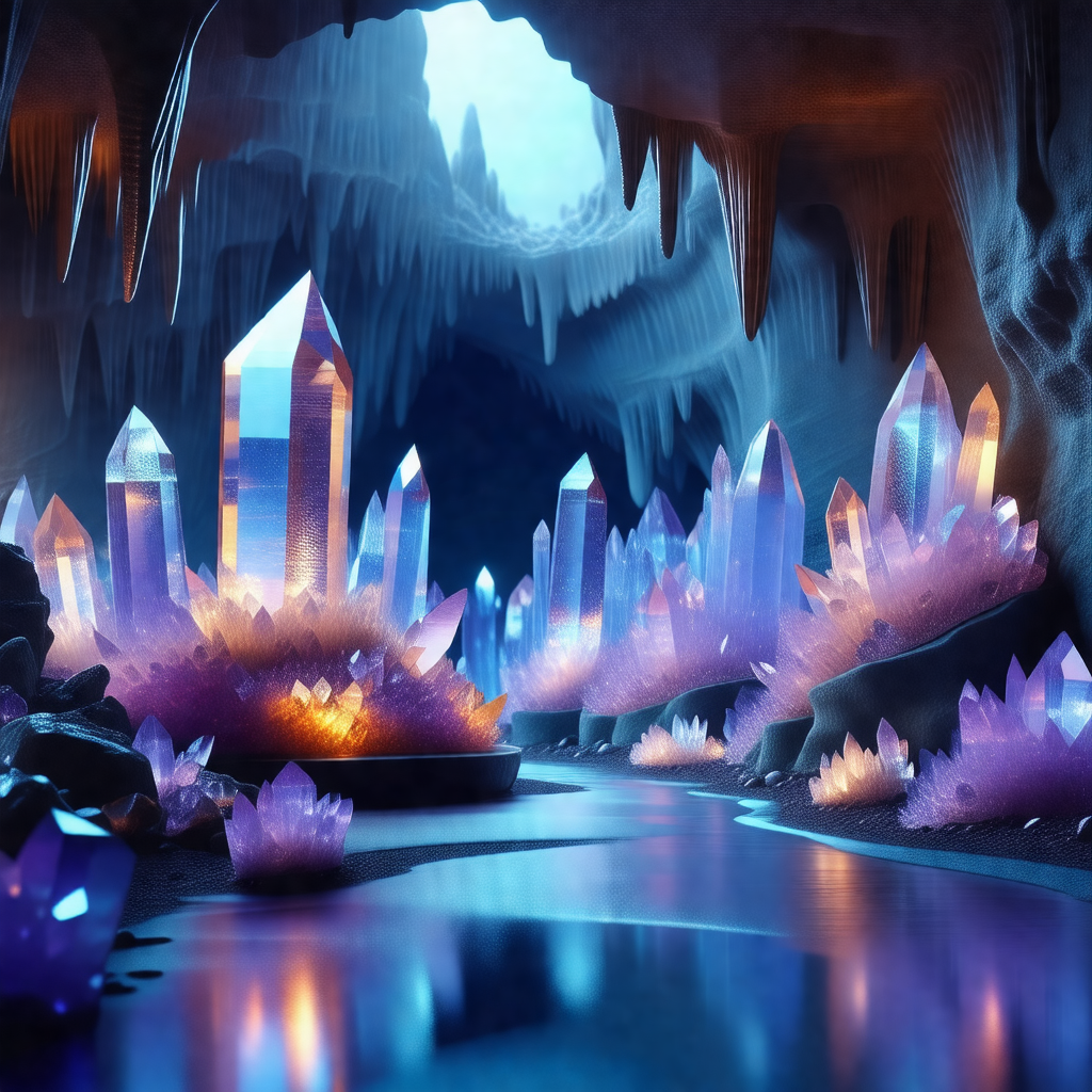 Colorful, computer-generated (cgi) scene of a cave with a...