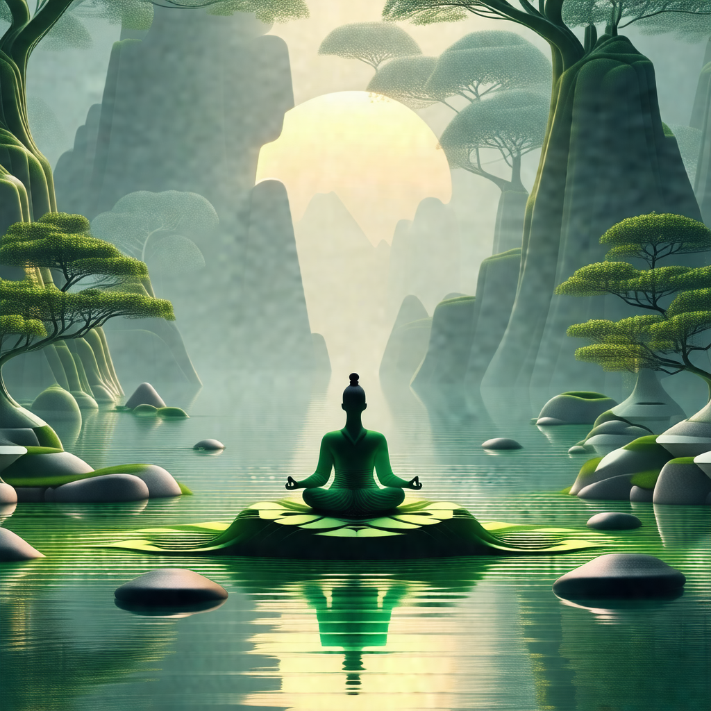 Person sitting in a lotus position on a green, leaf-fille...