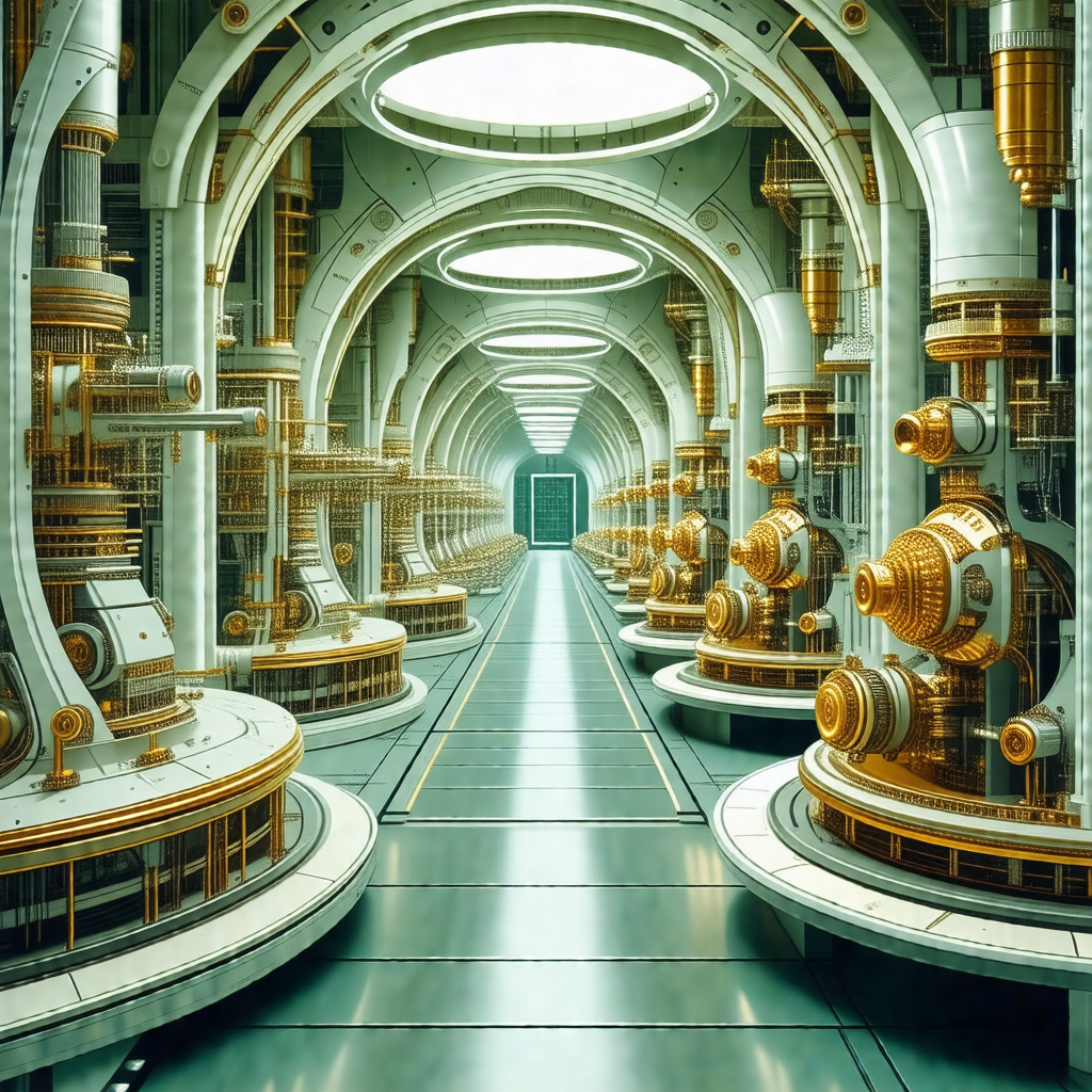 There is a long, narrow hallway with a row of machines li...