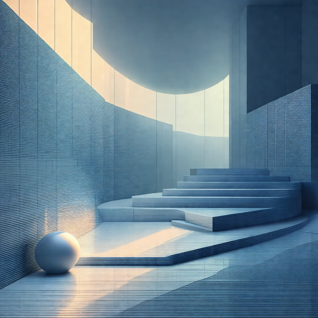 Blue and white drawing of a staircase with a large white ...